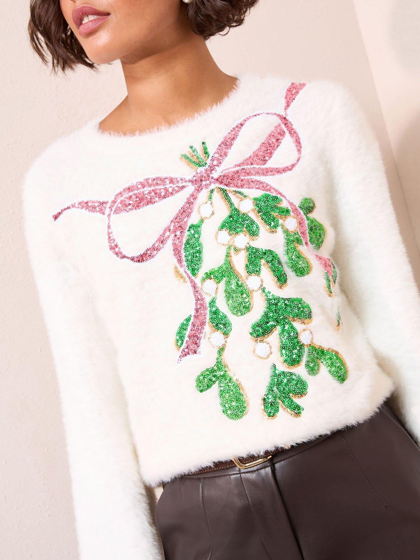 Image 1 of 4 of Friends Like These Eyelash Mistletoe Sequin Jumper - Cream