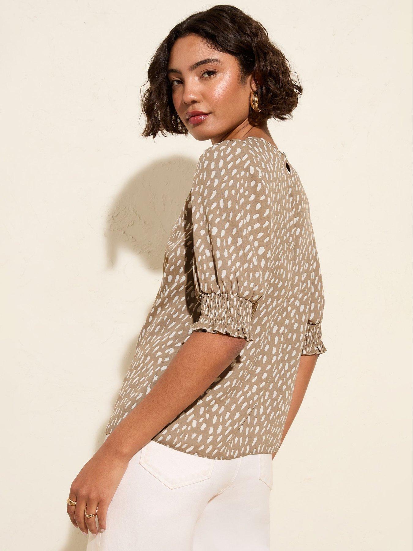 friends-like-these-print-34-sleeve-shirred-cuff-blouse-light-brownstillFront