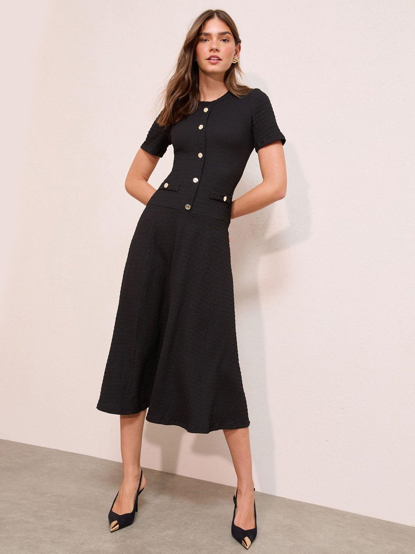Friends Like These Textured Jersey Drop Waist Button Detail Midi Dress - Black