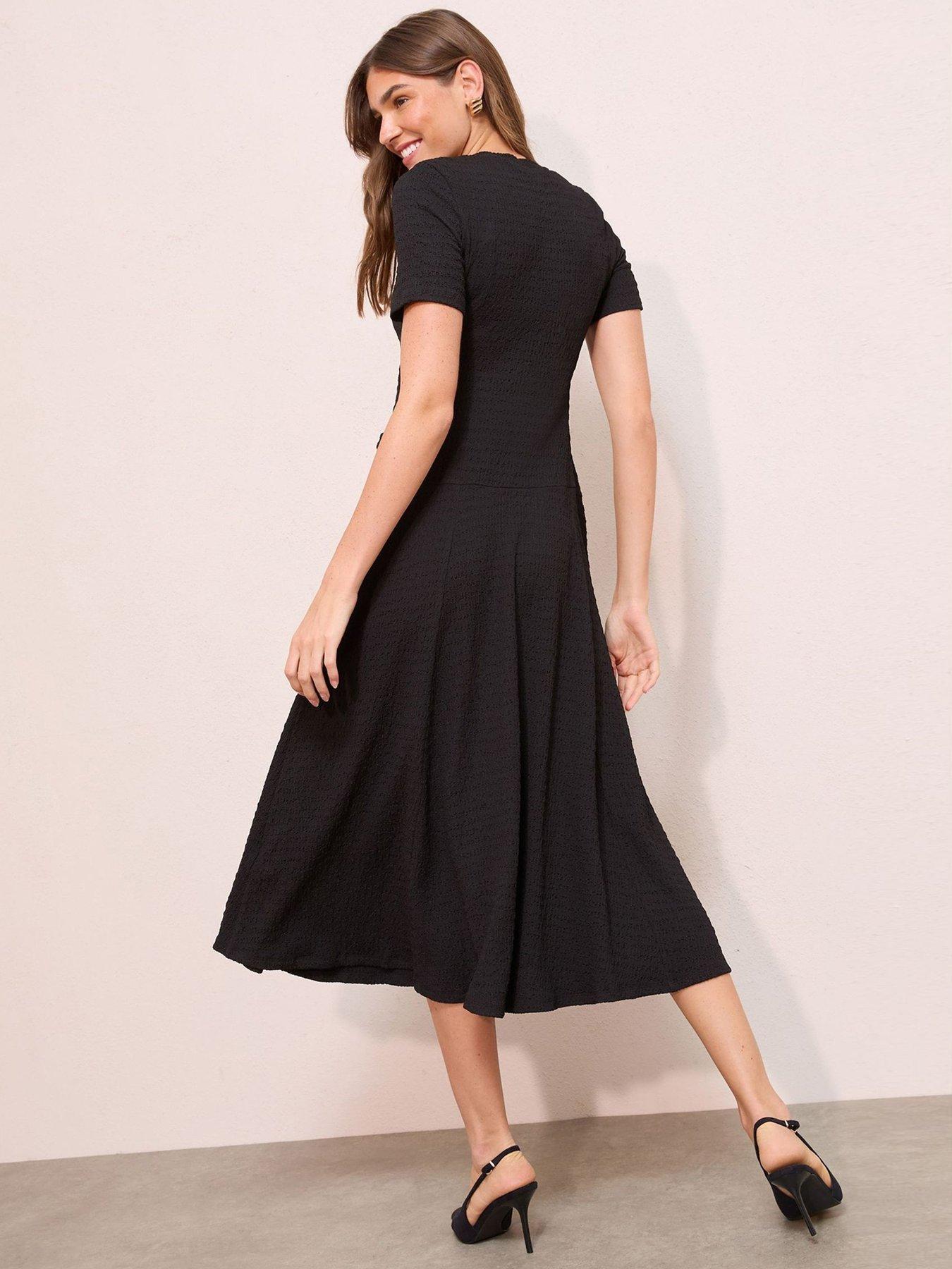 Image 2 of 4 of Friends Like These Textured Jersey Drop Waist Button Detail Midi Dress - Black