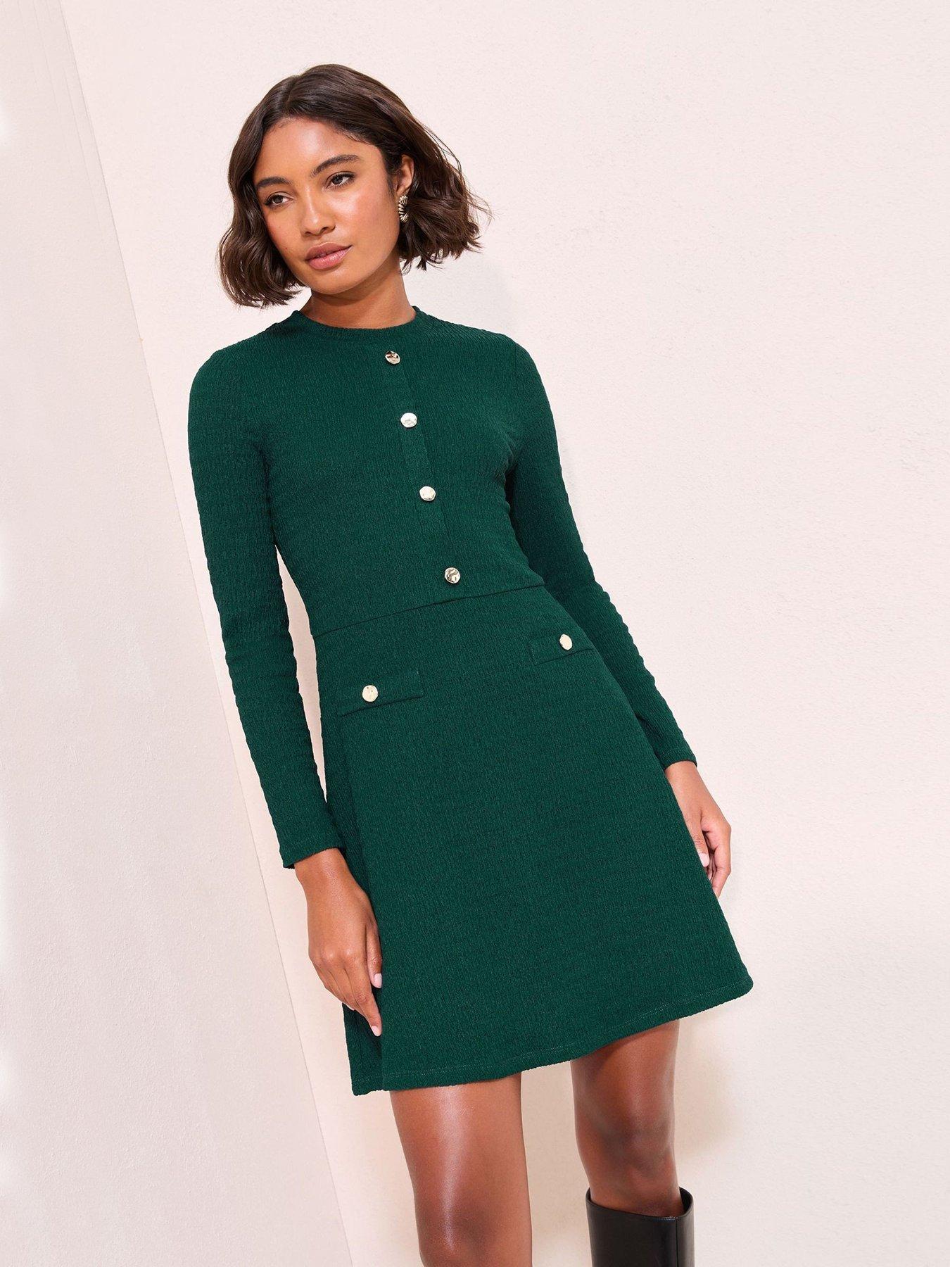 Friends Like These Jersey Button Detail Long Sleeve Mini Dress - Green