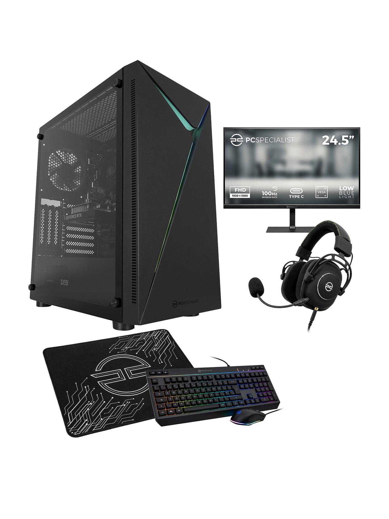 PCSpecialist Fusion 20 Gaming Desktop (GeForce RTX 3050, AMD Ryzen 5, 16GB RAM, 1TB SSDB) Bundle with 24.5in FHD Monitor, Headset, Keyboard, Mouse  &  Mat