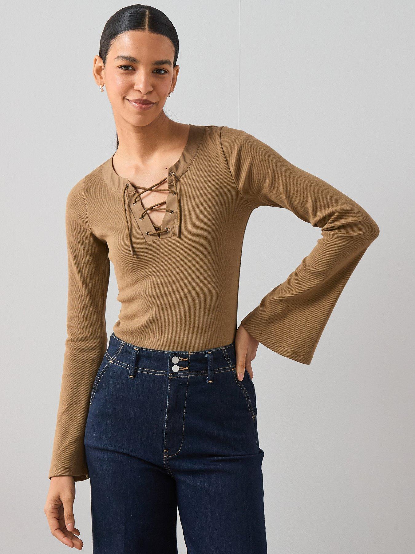 the-very-collection-lace-up-rib-long-sleeve-top-khaki