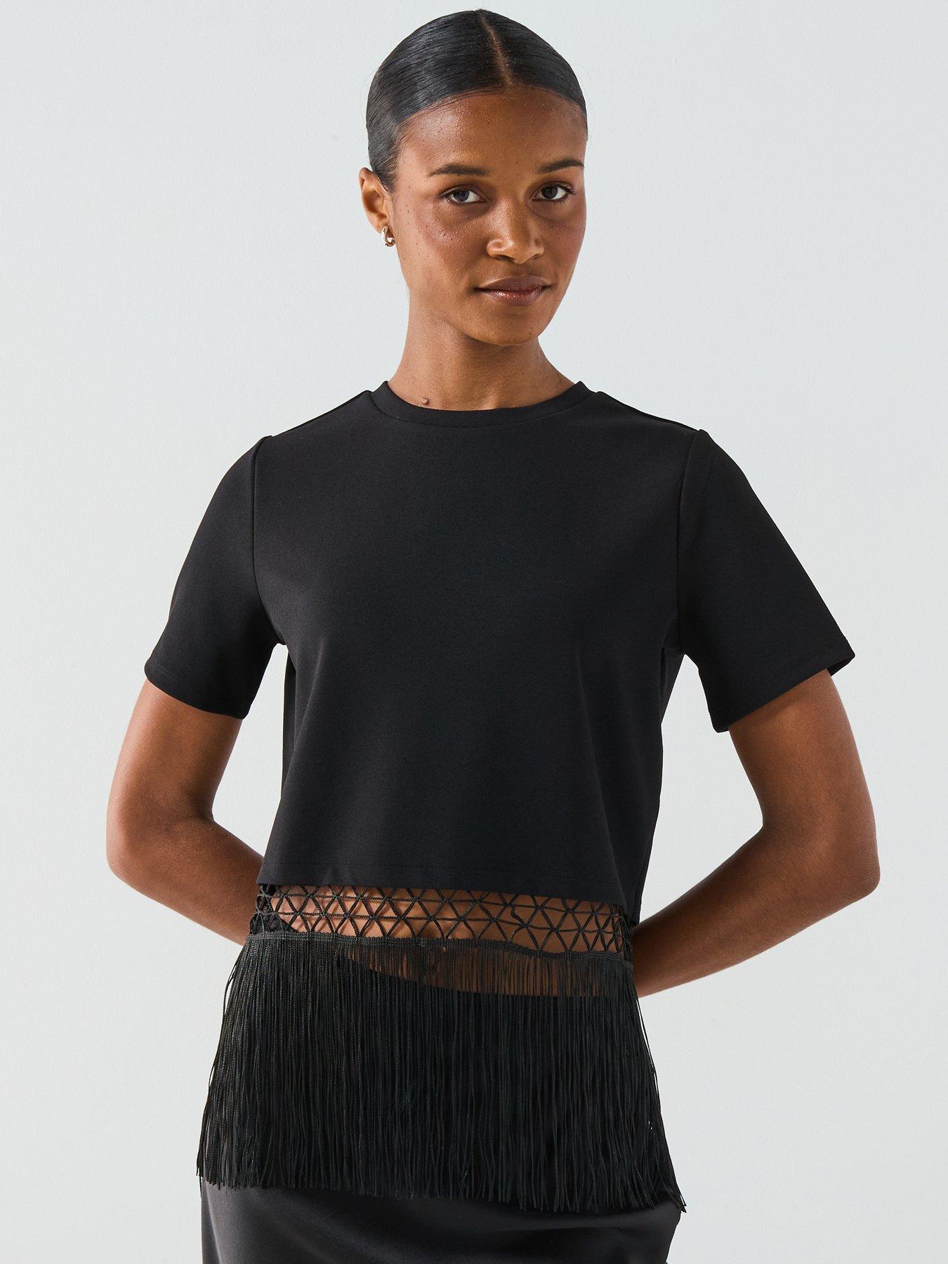 V by Very Fringe Hem Top - Black