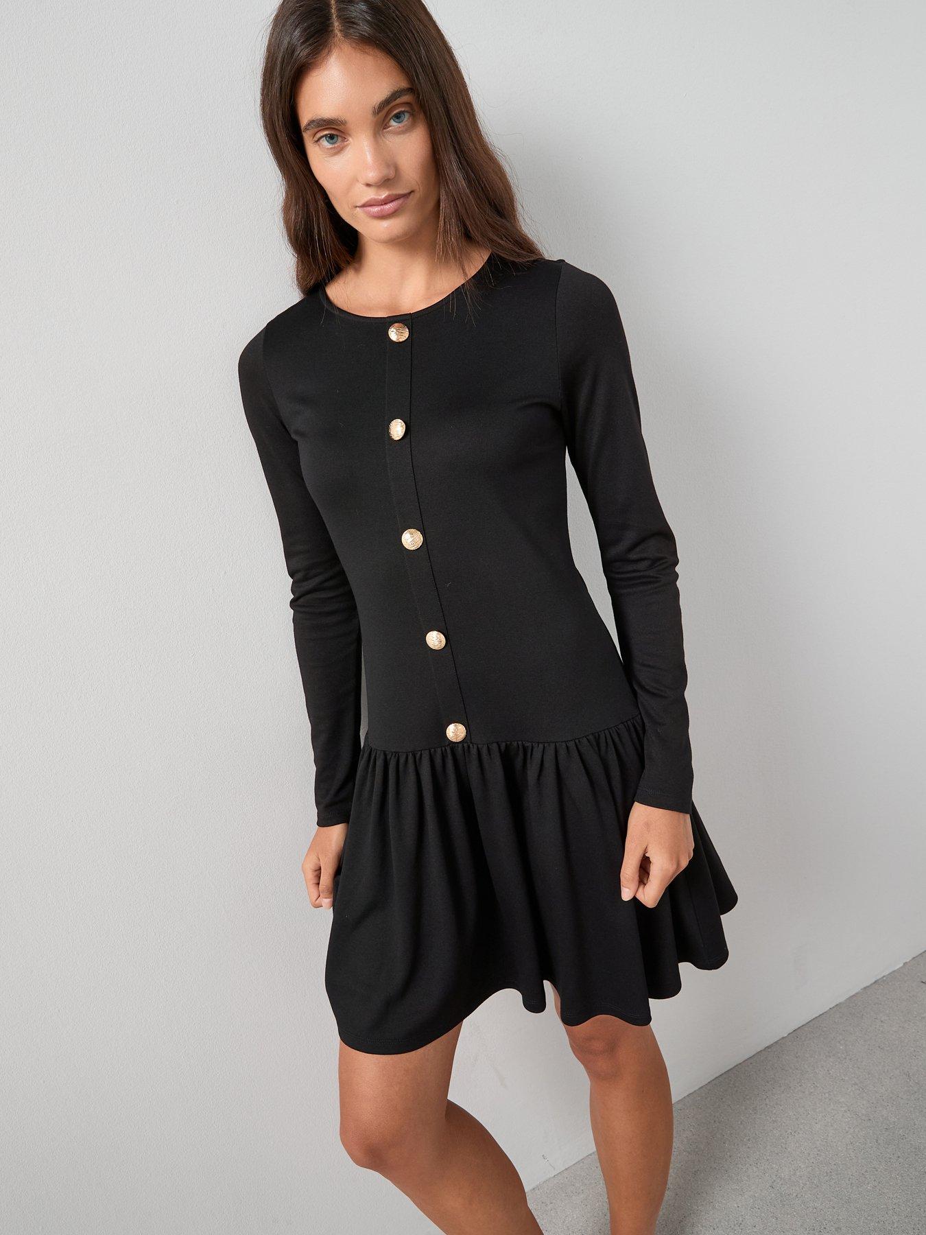The Very Collection Drop Waist Button Detail Mini Dress - Black