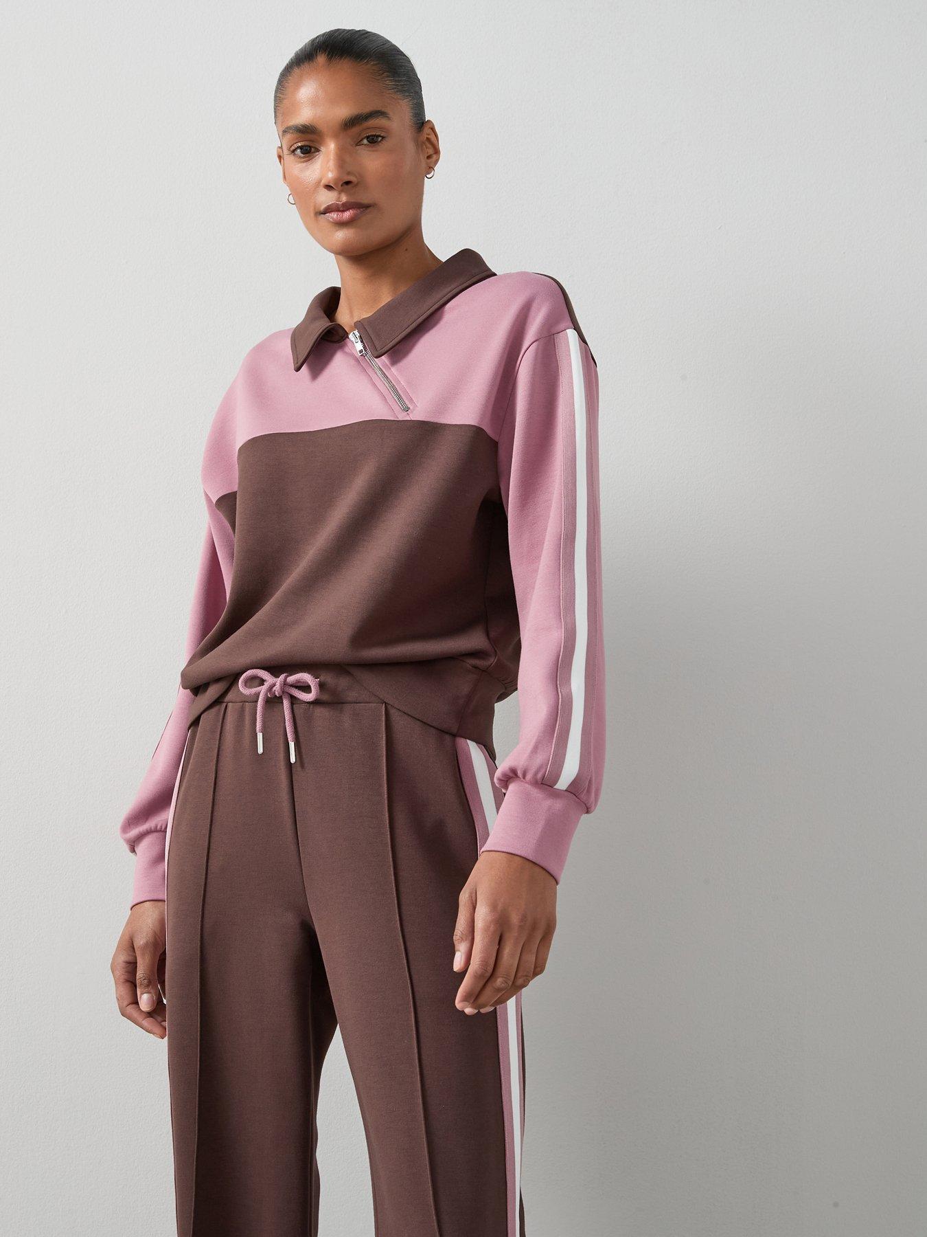 Image 1 of 6 of The Very Collection Asymetric Zip Soft Touch Colour Block Sweatshirt - Brown