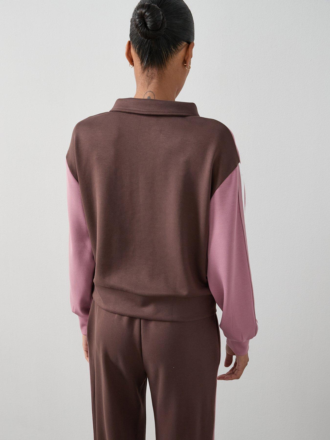 Image 2 of 6 of The Very Collection Asymetric Zip Soft Touch Colour Block Sweatshirt - Brown