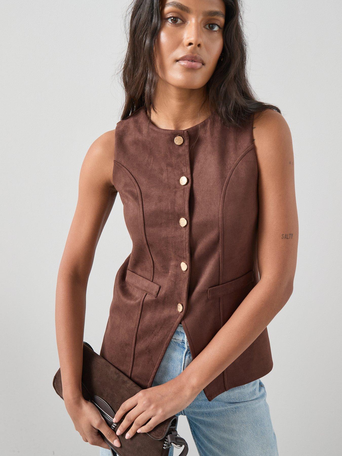 The Very Collection Faux Suede Longline Waistcoat Top - Brown