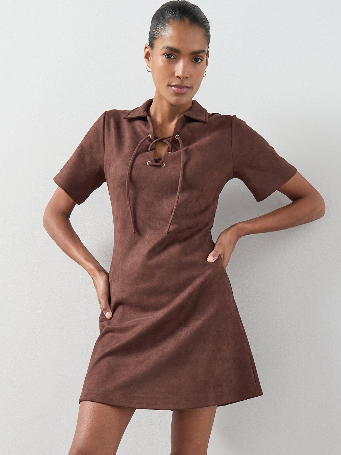 The Very Collection Lace Up Detail Faux Suede Mini Dress - Brown | Very  Ireland