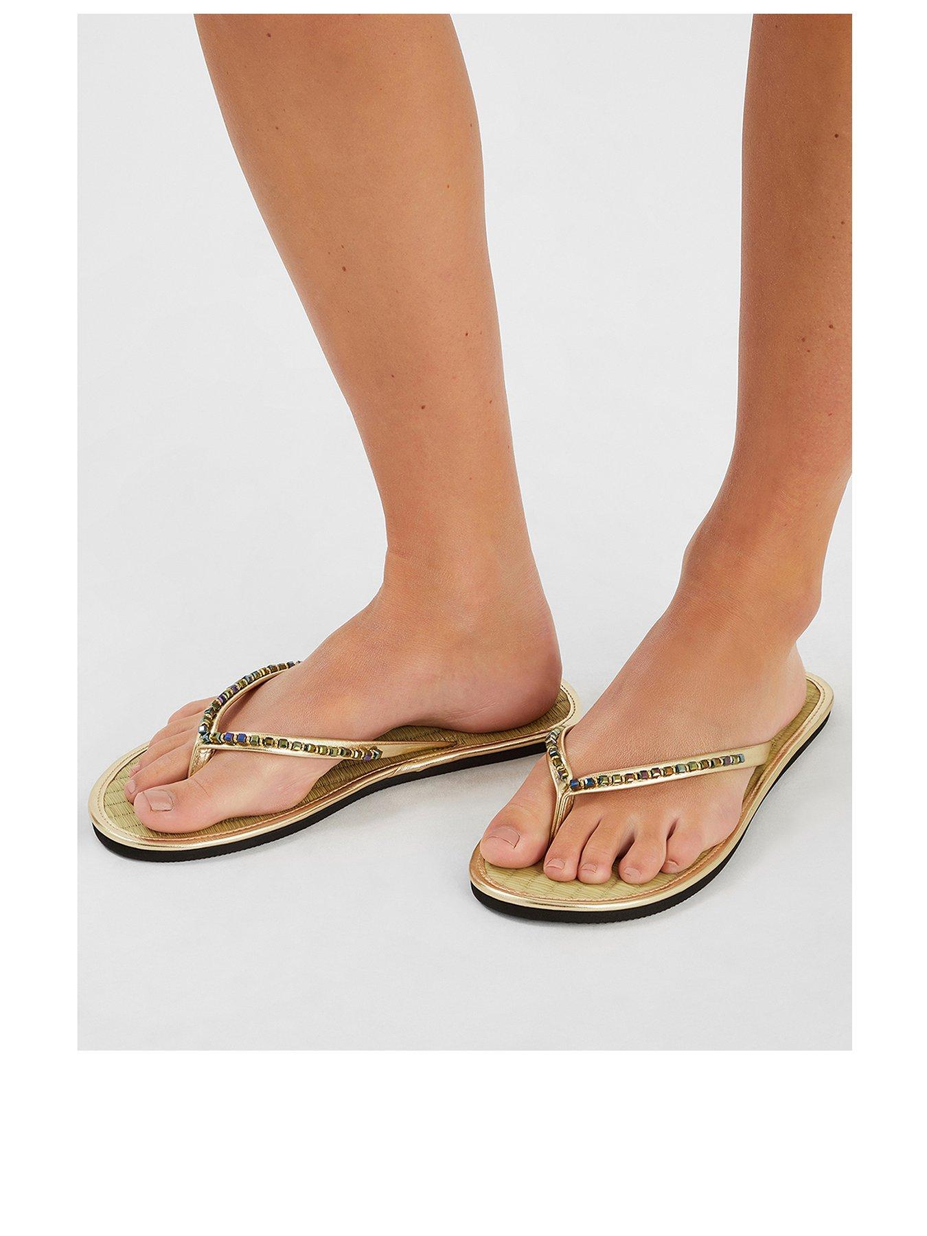 Image 2 of 4 of Accessorize Beaded Palm Seagrass Flip Flops - Gold