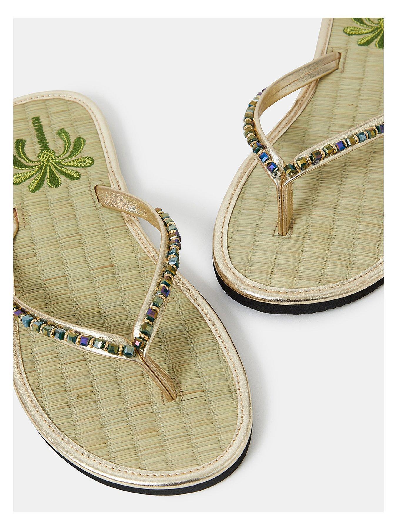 Image 4 of 4 of Accessorize Beaded Palm Seagrass Flip Flops - Gold