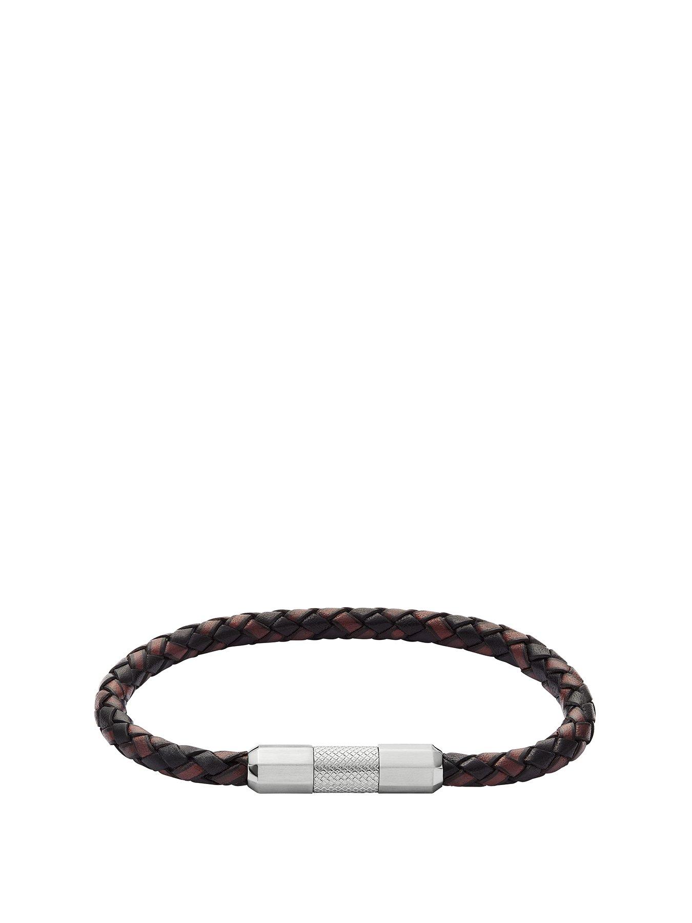 Fossil Fossil Men's Knox Knurled Texture Leather and Stainless Steel Station Bracelet, JF04918040