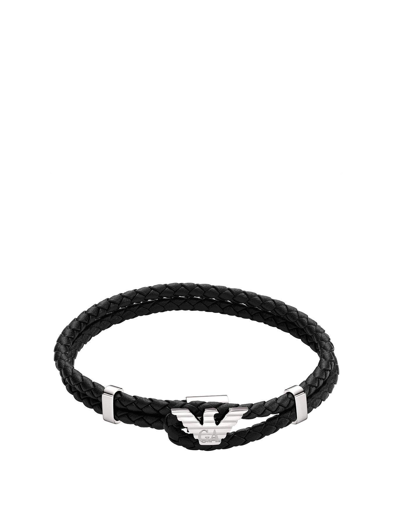 Emporio Armani Men's Black Leather Id Bracelet Egs3237040 - Silver