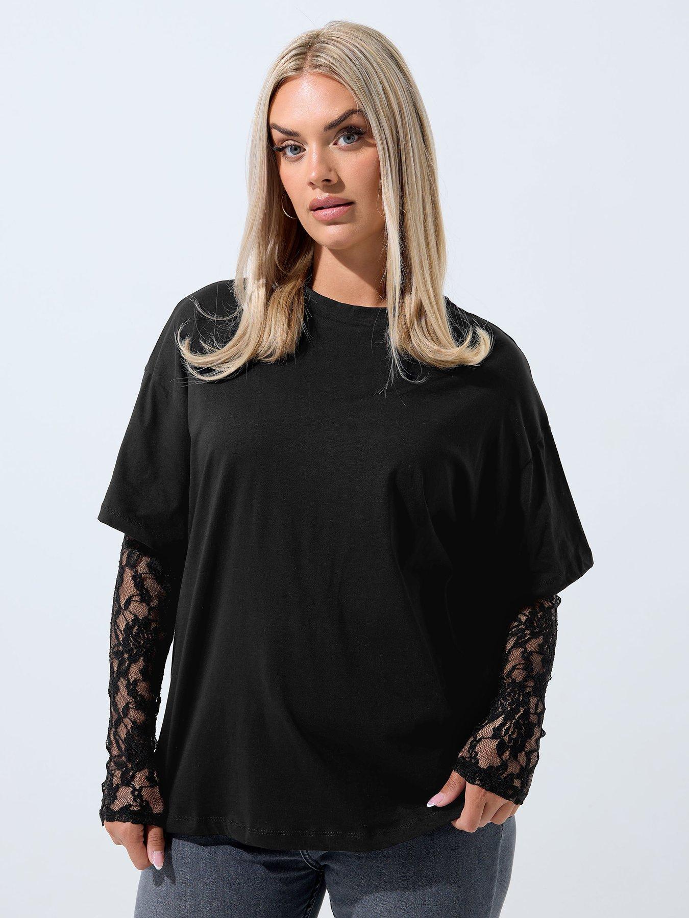 Yours Curve Lace Sleeve Top - Black