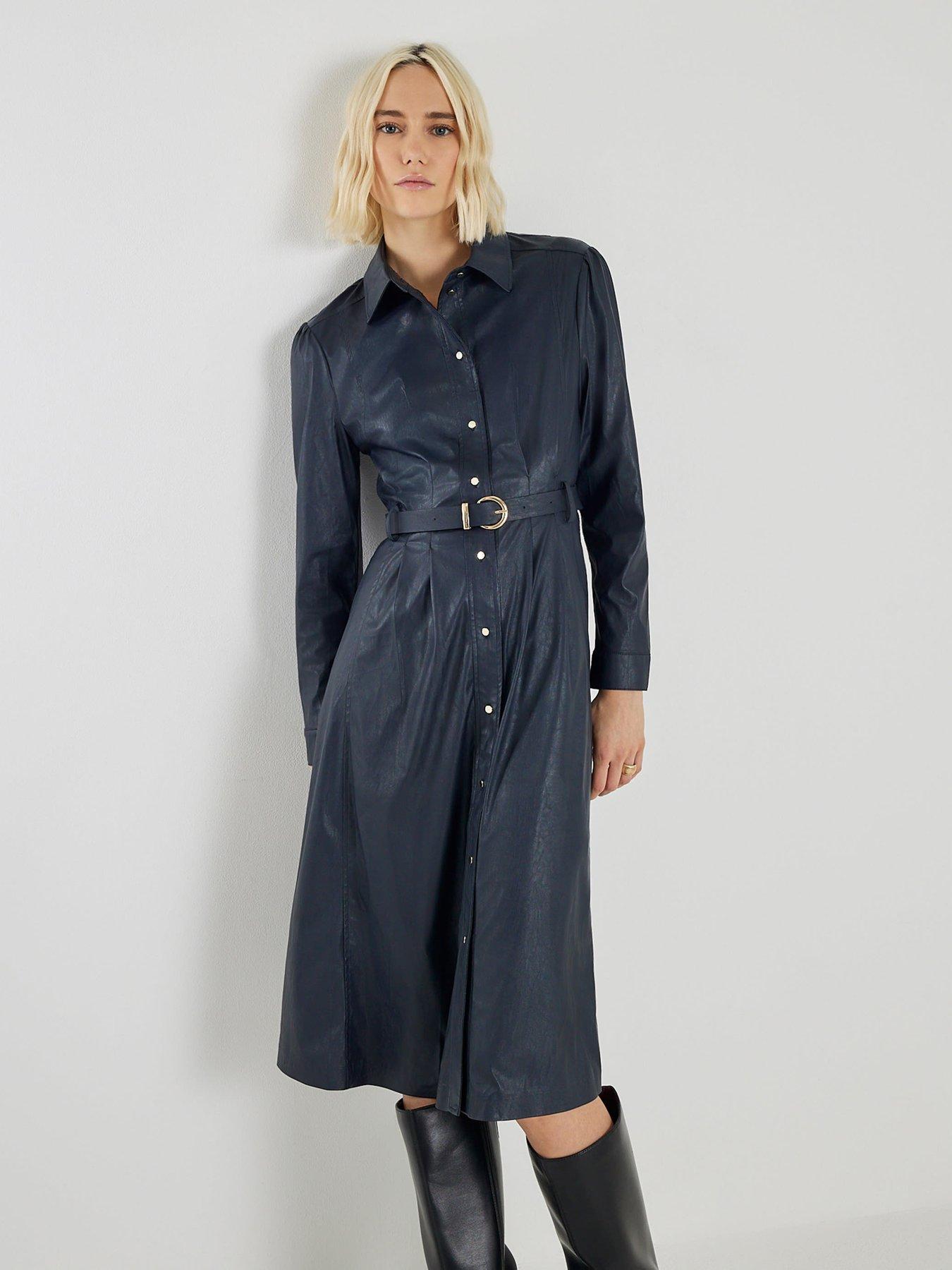 slim fit dress slacks Navy Faux Leather Strapless Dress Medium