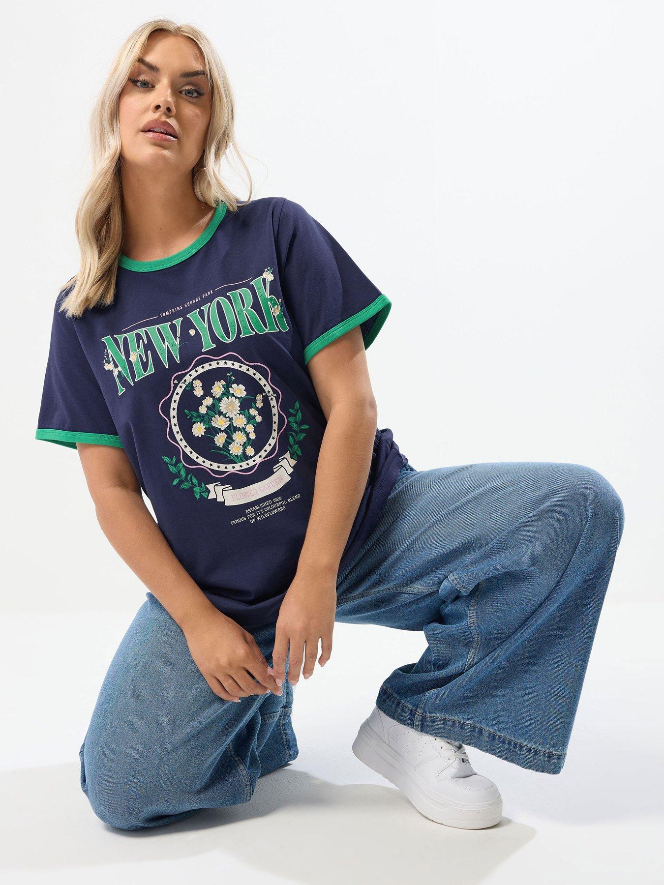 Yours Curve Placement Set In Sleeve T-Shirt - Blue