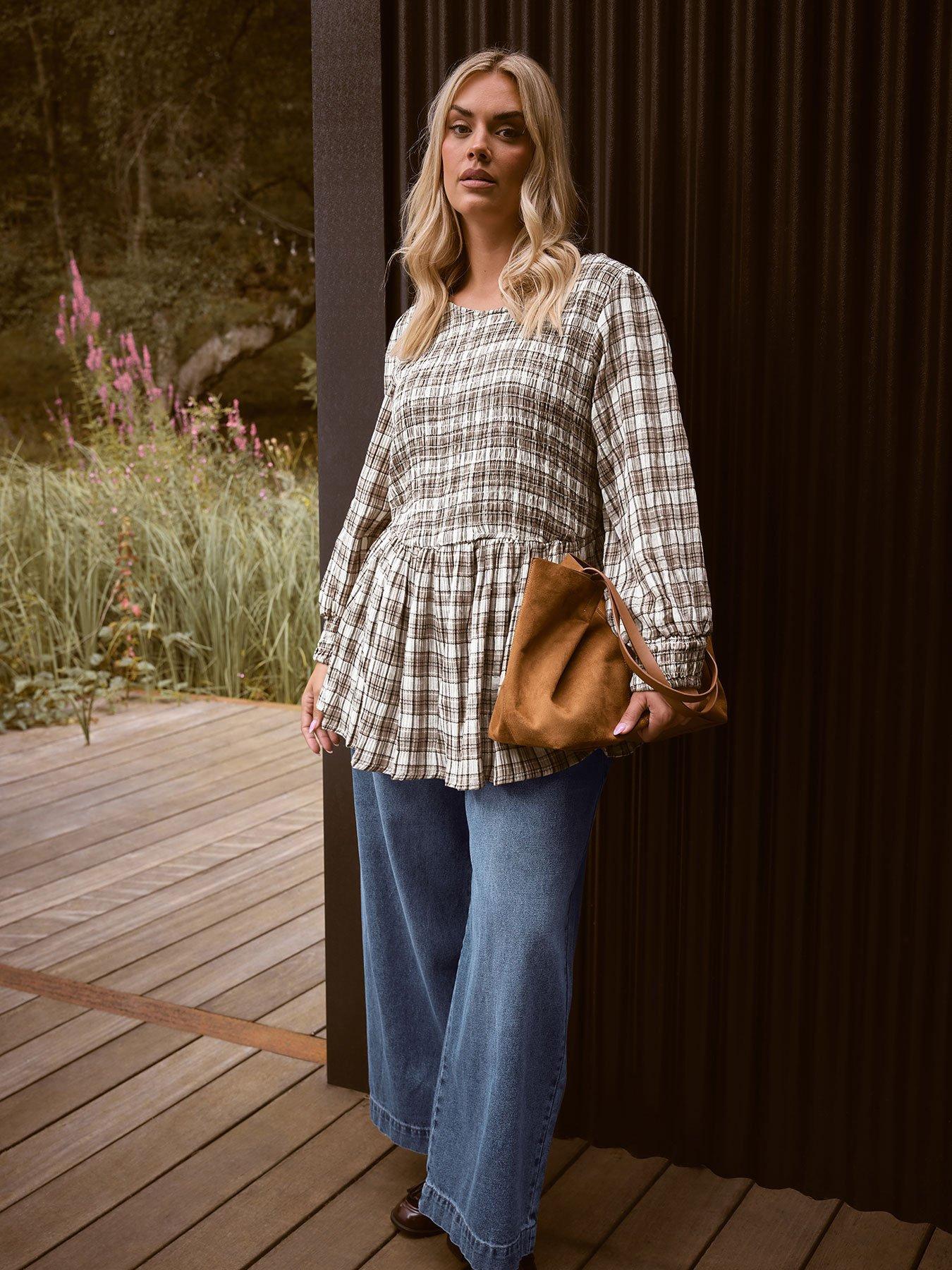 Yours Curve Shirred Textured Check Top - Natural