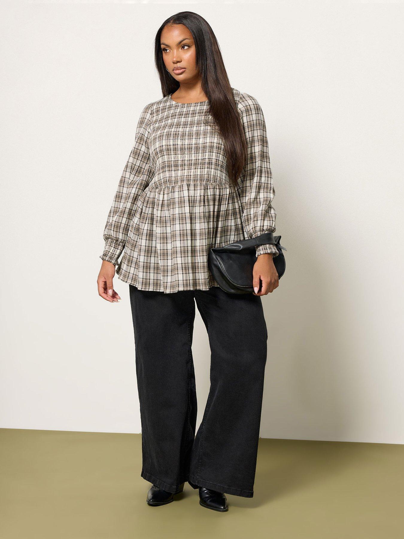 Image 3 of 4 of Yours Curve Shirred Textured Check Top - Natural