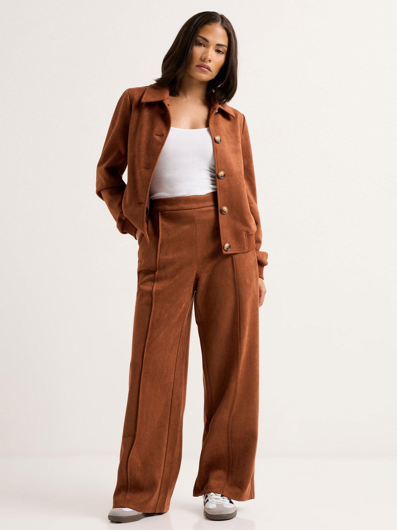 PixieGirl Petite Suedette Wide Leg Trouser - Brown