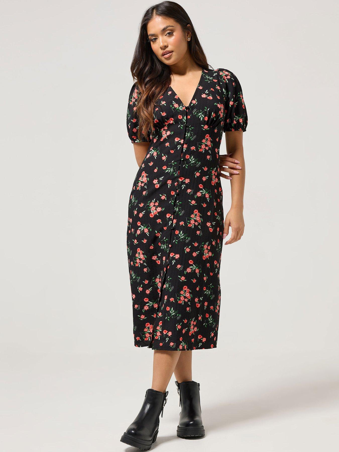 yours-petite-button-front-midi-tea-dress-black