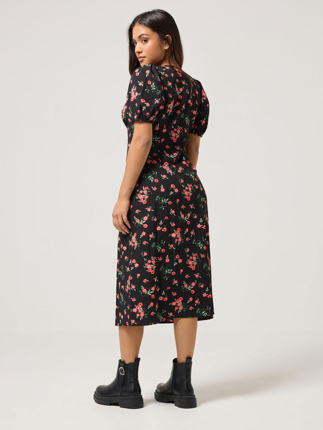 Image 2 of 4 of PixieGirl Petite Button Front Midi Tea Dress - Black