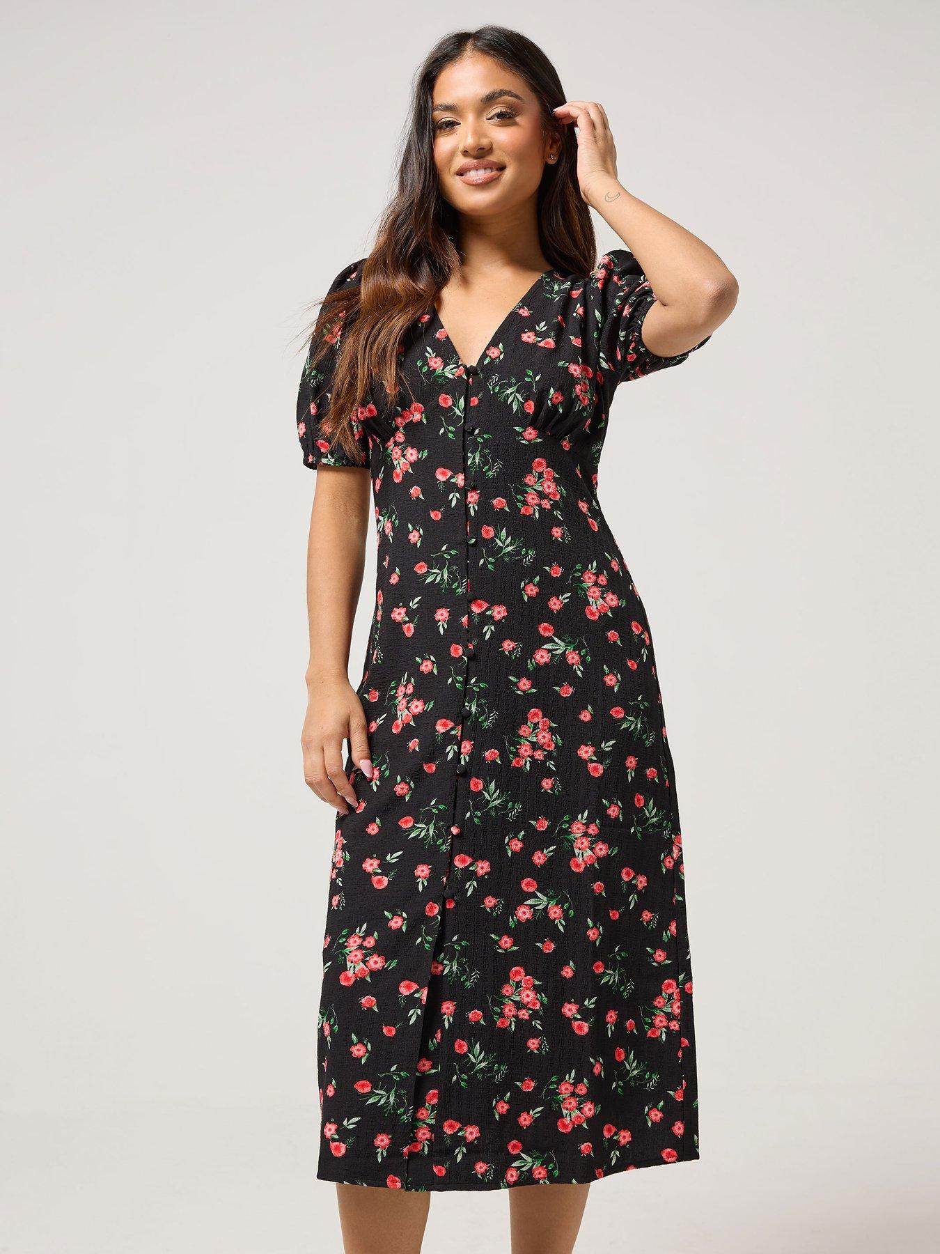 Image 3 of 4 of PixieGirl Petite Button Front Midi Tea Dress - Black