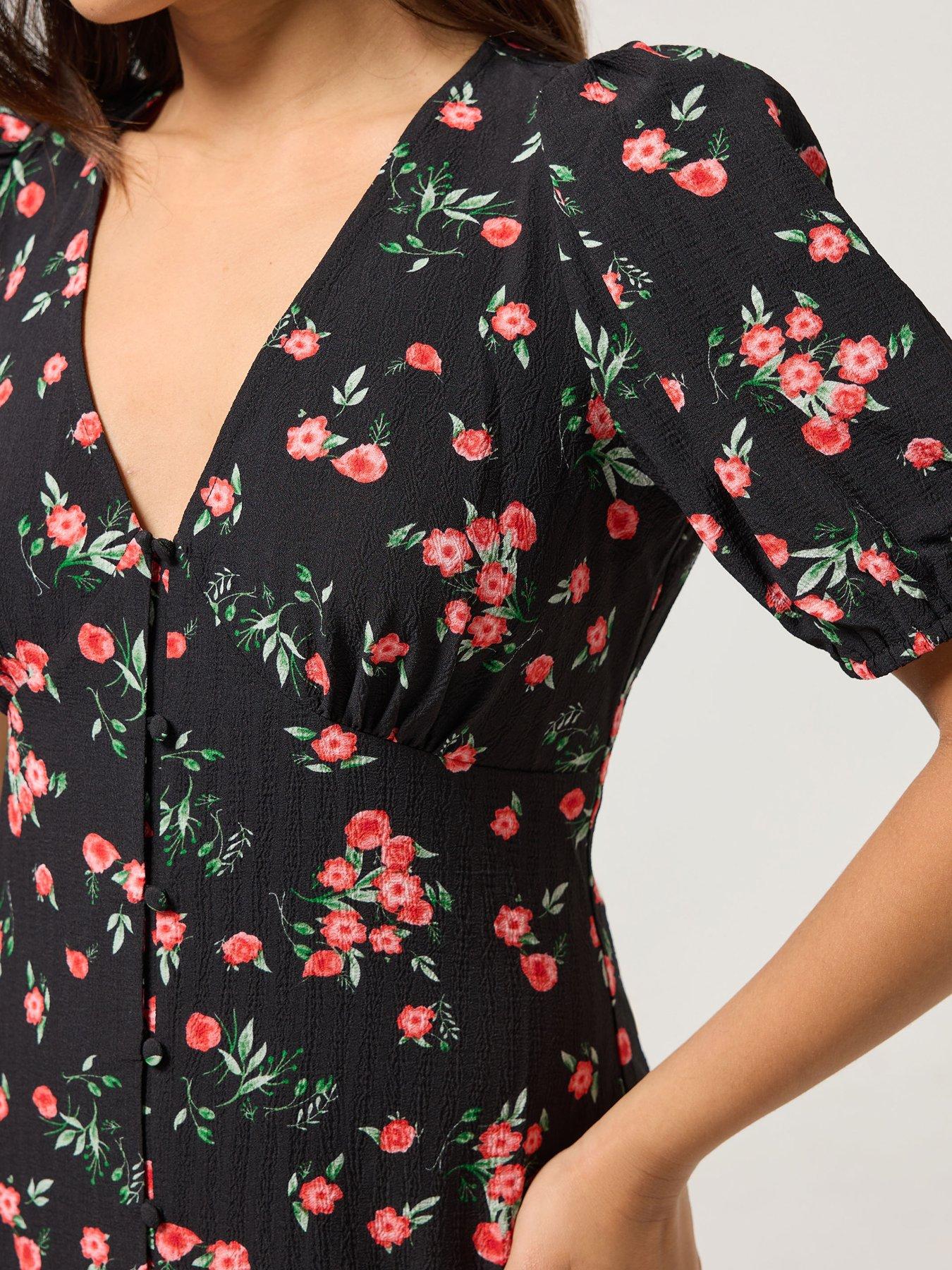 Image 4 of 4 of PixieGirl Petite Button Front Midi Tea Dress - Black