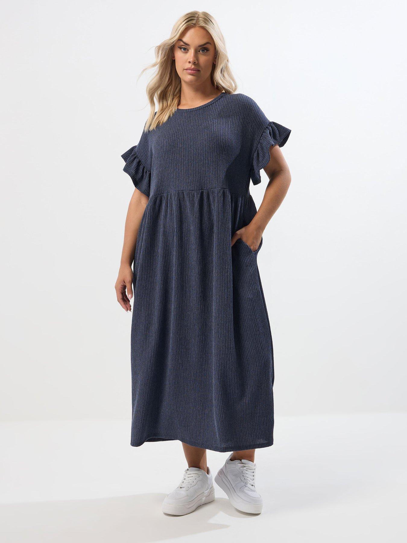 Yours Curve Jersey Frill Texture Dress - Blue