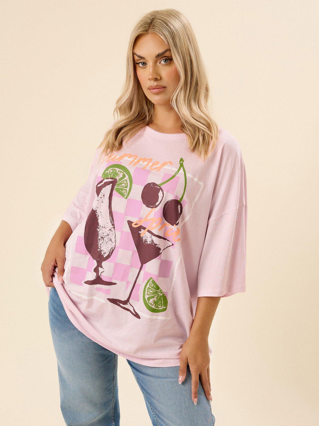 Image 1 of 4 of Yours Curve Oversized Boxy T-Shirt - Pink
