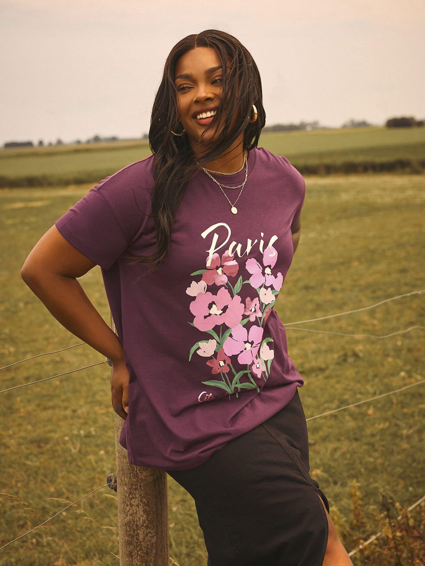Image 1 of 6 of Yours Curve Placement T-Shirt - Purple