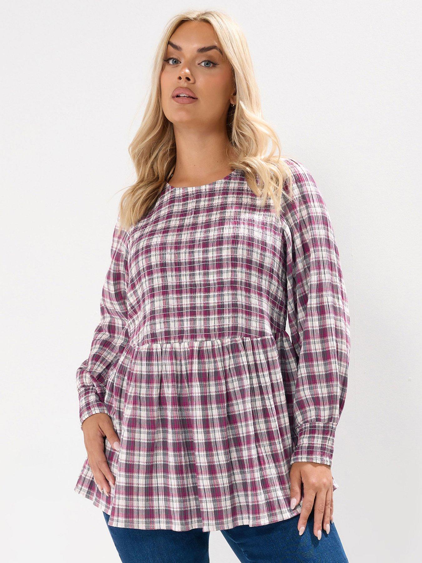 Image 1 of 4 of Yours Curve Shirred Textured Check Top - Pink
