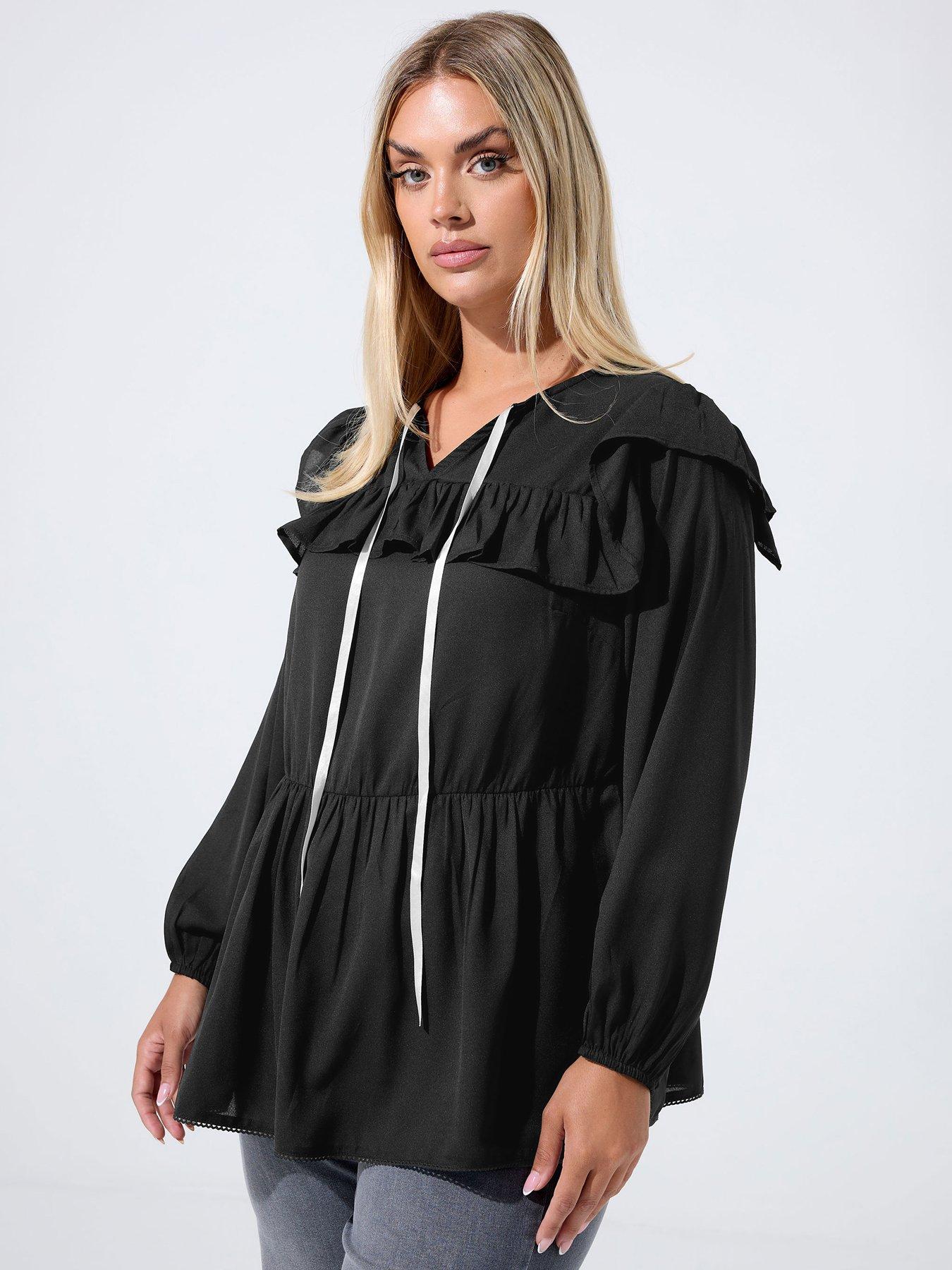Yours Curve Frill Neck Contrast Blouse - Black