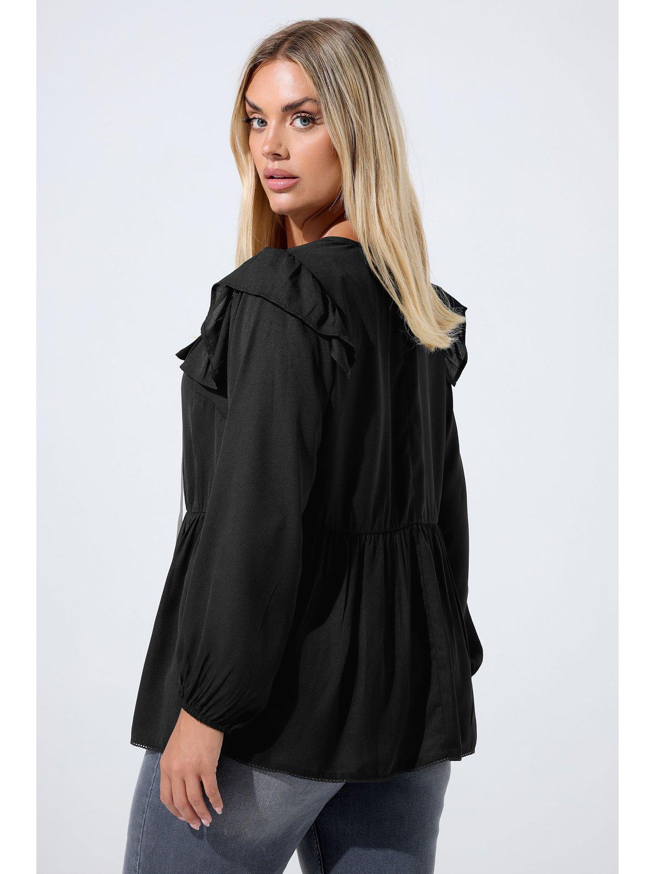 Image 2 of 5 of Yours Curve Frill Neck Contrast Blouse - Black