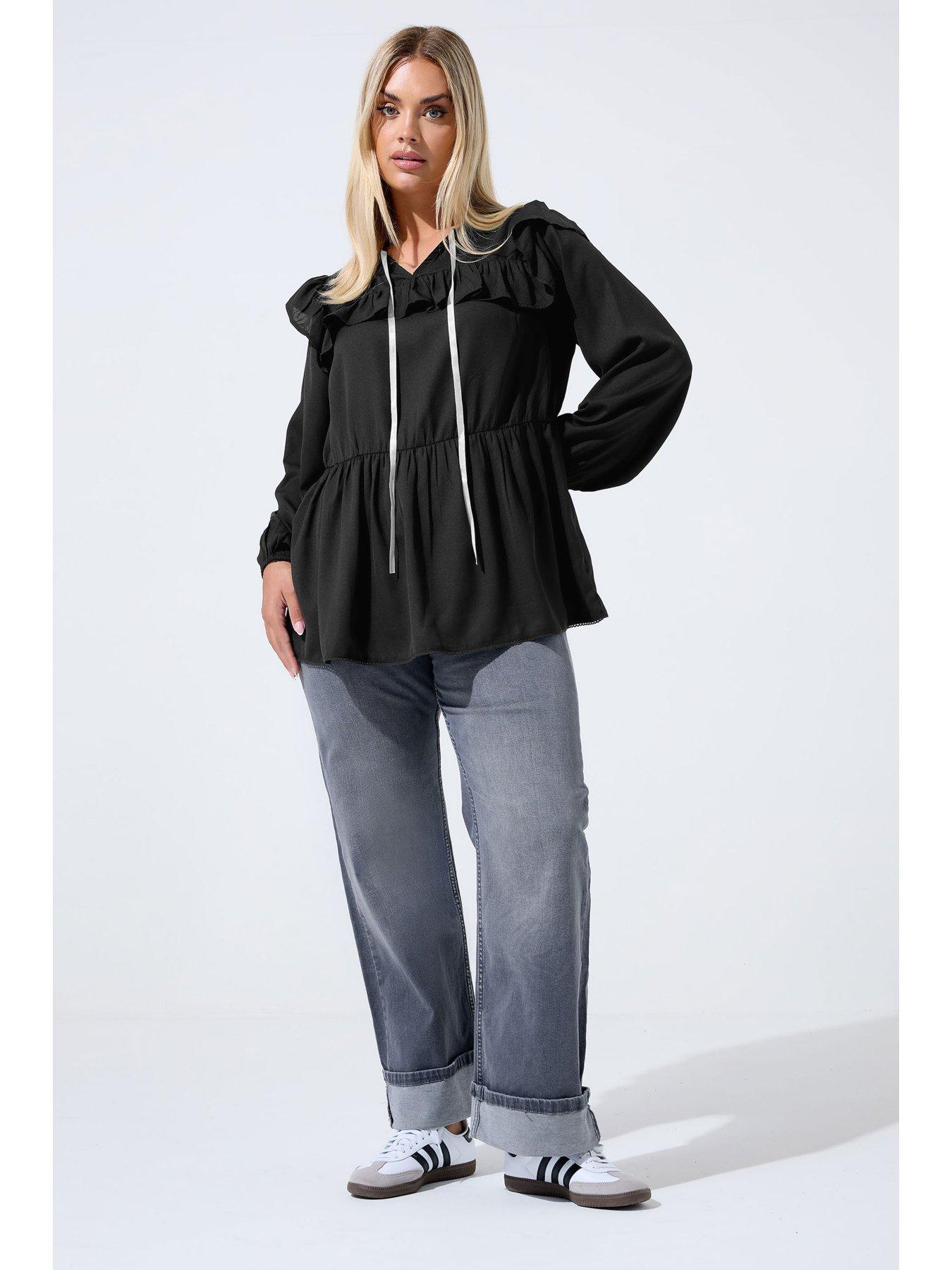 Image 3 of 5 of Yours Curve Frill Neck Contrast Blouse - Black