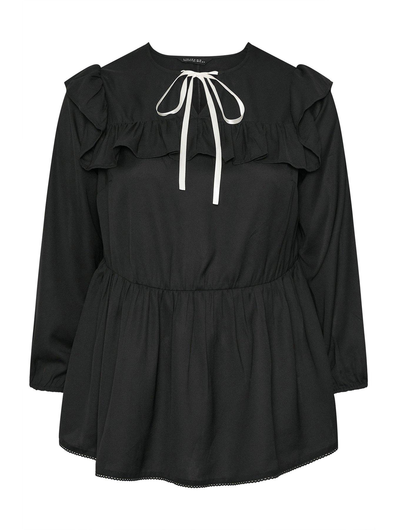 Image 5 of 5 of Yours Curve Frill Neck Contrast Blouse - Black