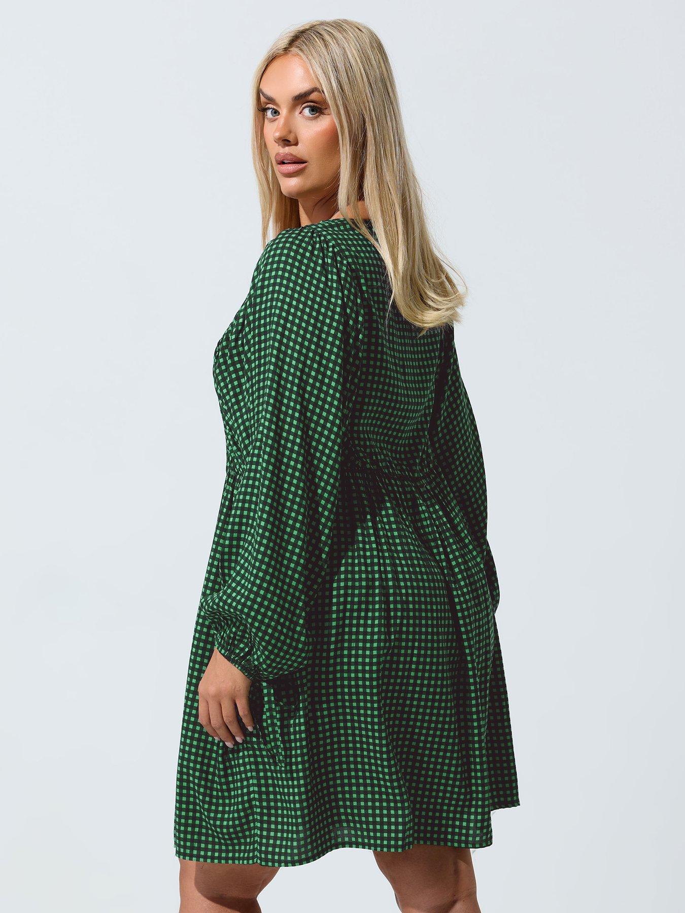 Image 2 of 4 of Yours Curve Tie Front Check Mini Dress - Green