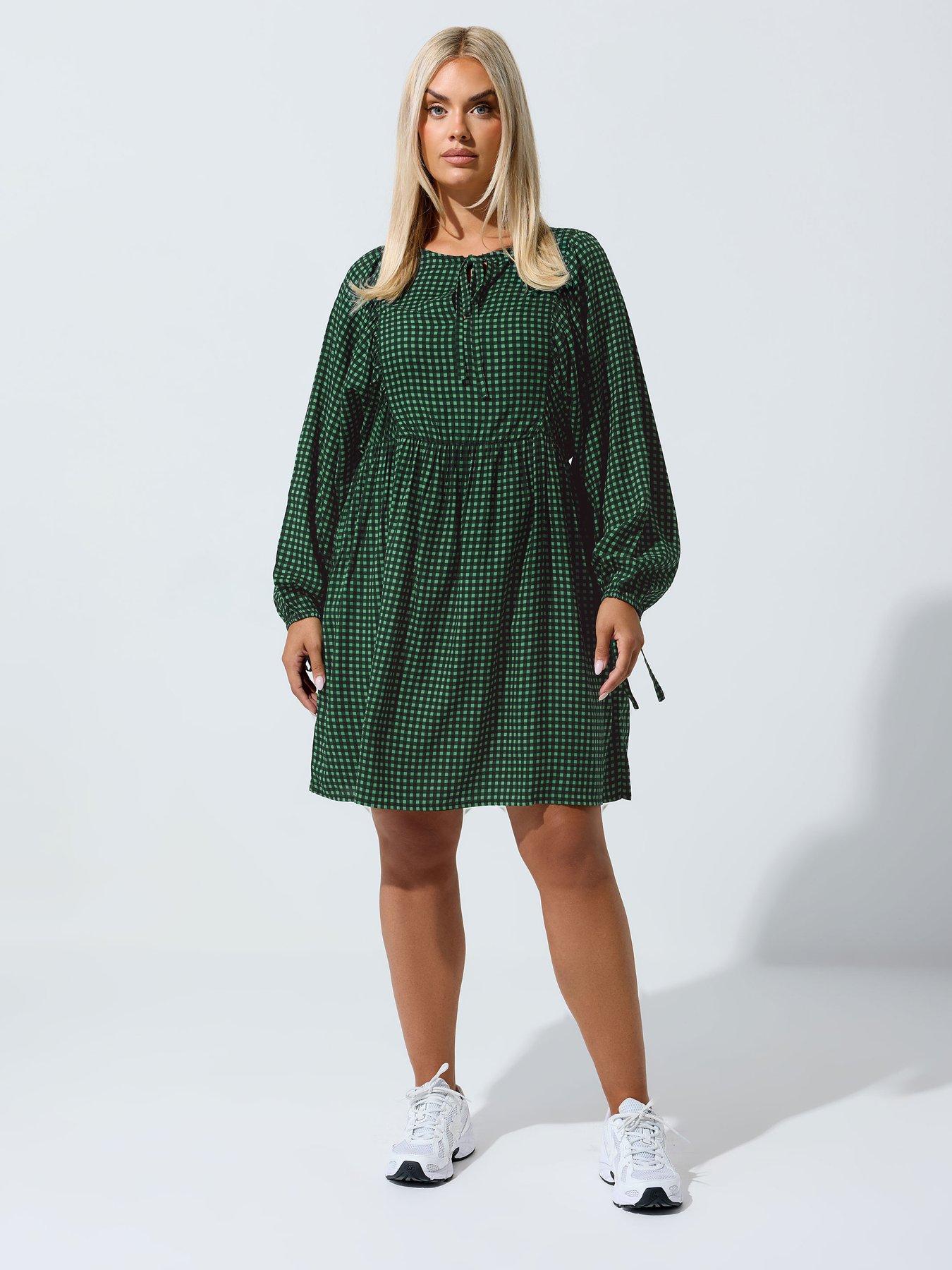 Image 3 of 4 of Yours Curve Tie Front Check Mini Dress - Green