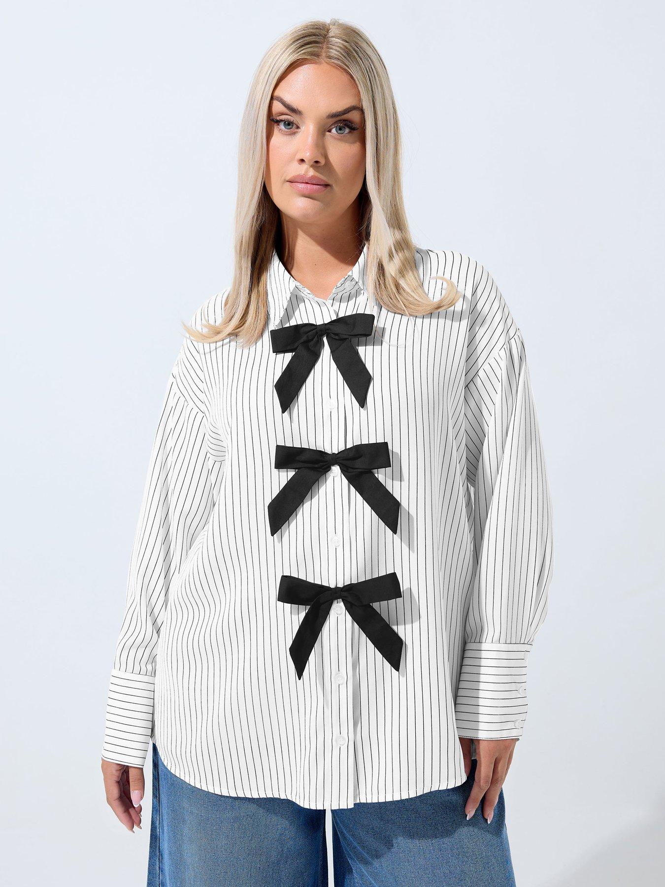 Yours Curve Stripe Bow Shirt - White