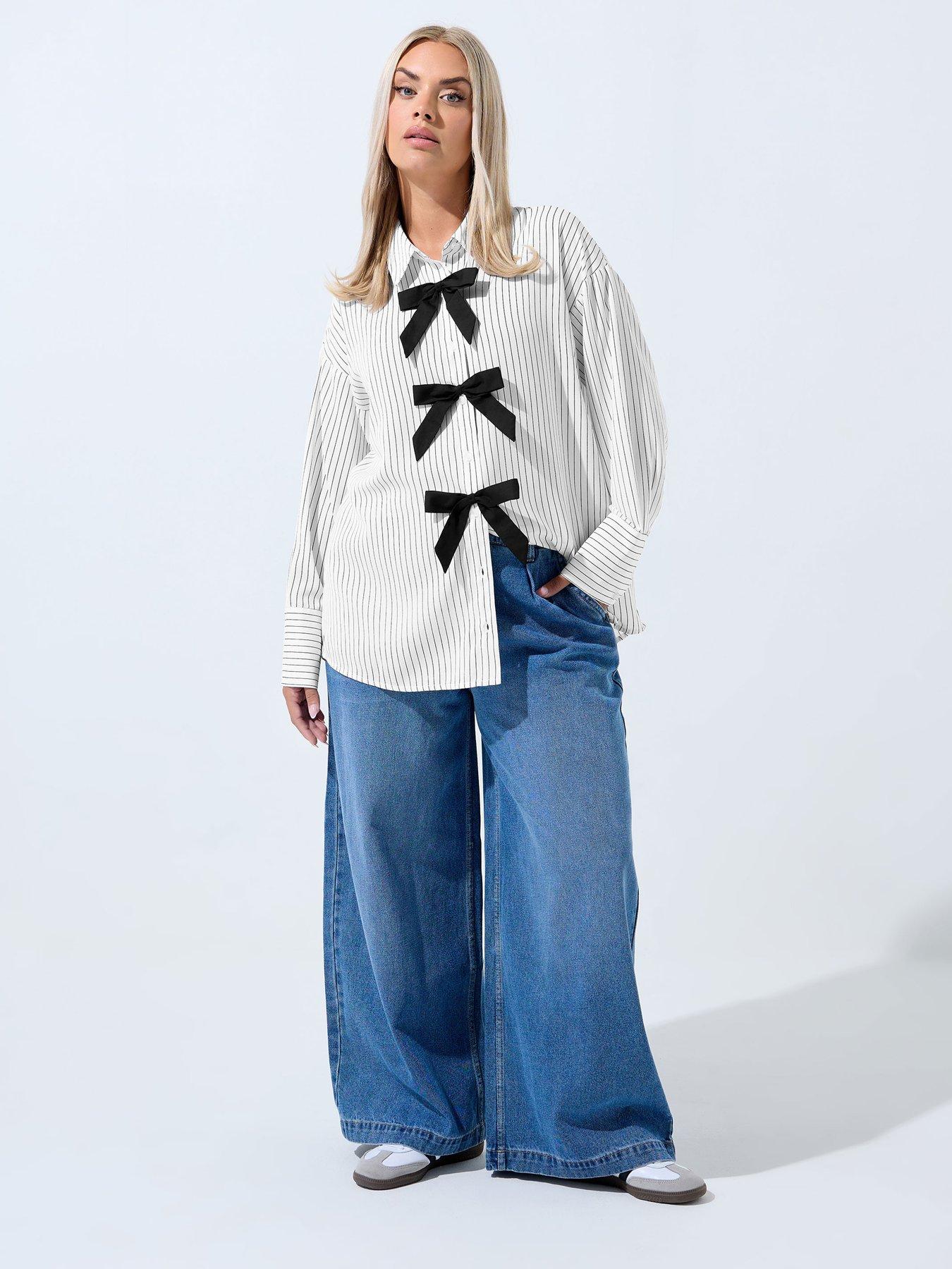 Image 3 of 5 of Yours Curve Stripe Bow Shirt - White
