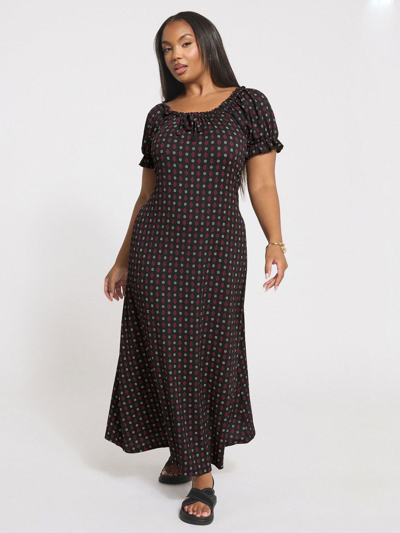 Image 1 of 4 of Yours Curve Textured Milkmaid Dress - Black