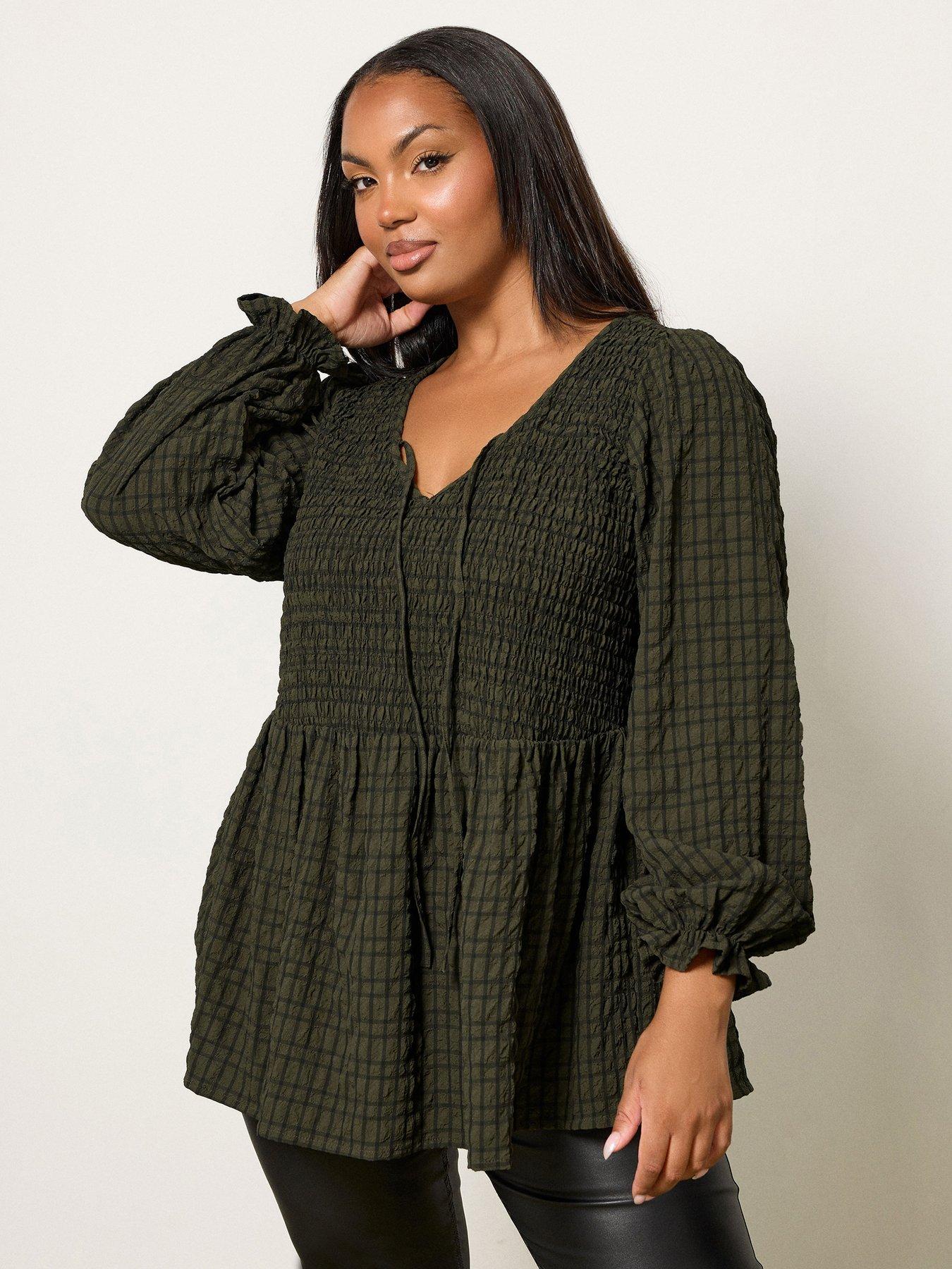 yours-curve-textured-check-peplum-top-greenfront