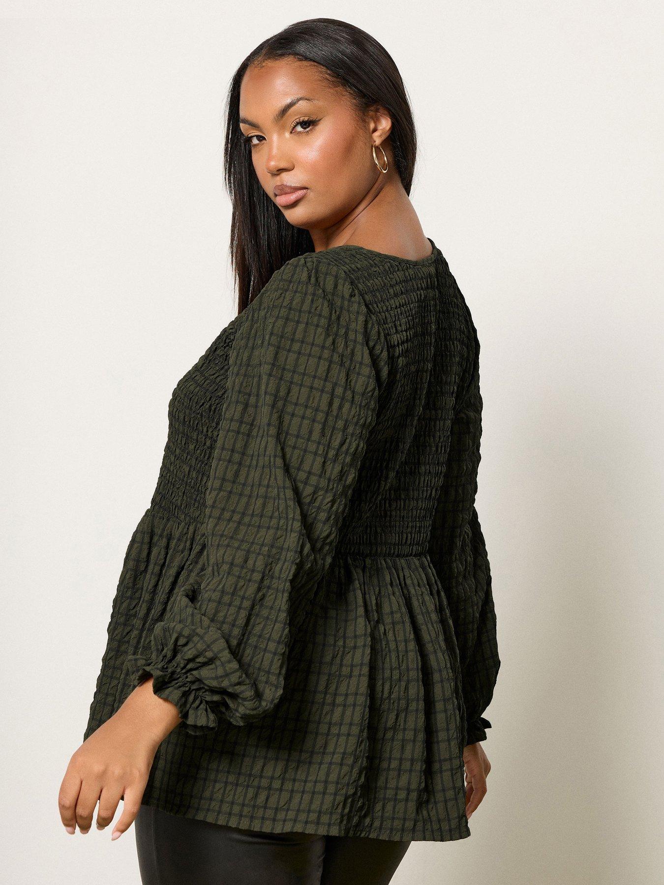 yours-curve-textured-check-peplum-top-greenstillFront