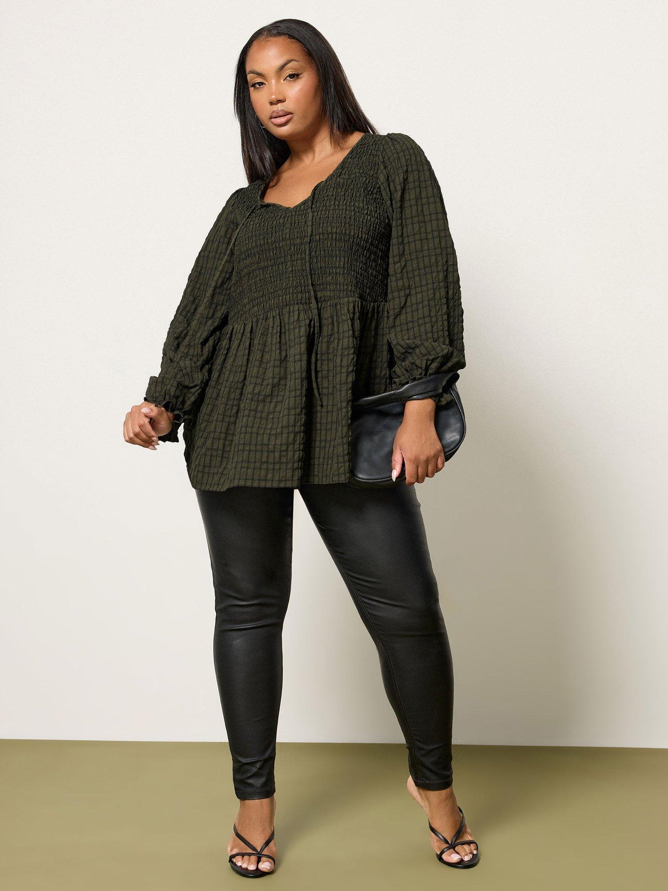 yours-curve-textured-check-peplum-top-greenback