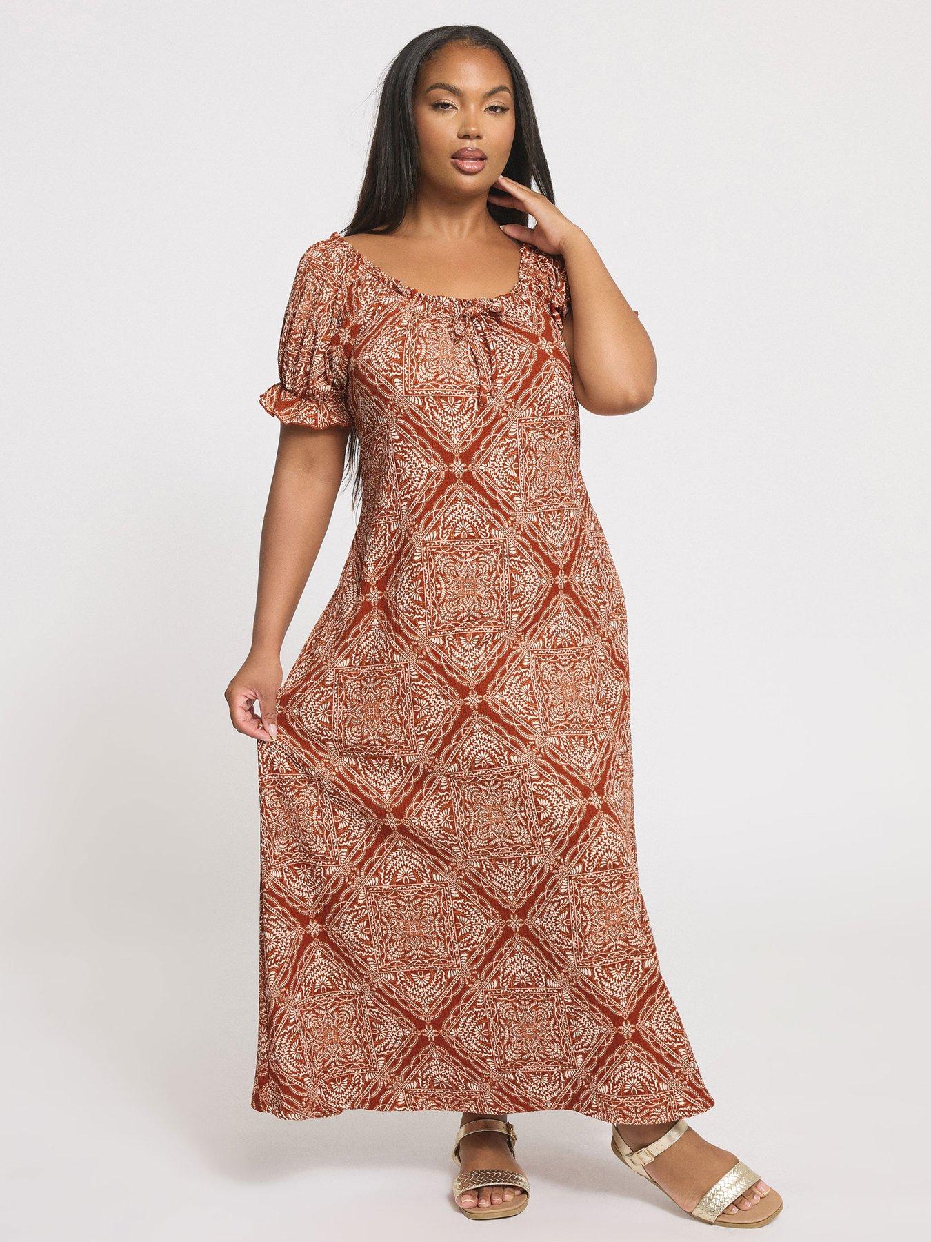 Yours Curve Textured Milkmaid Dress - Brown