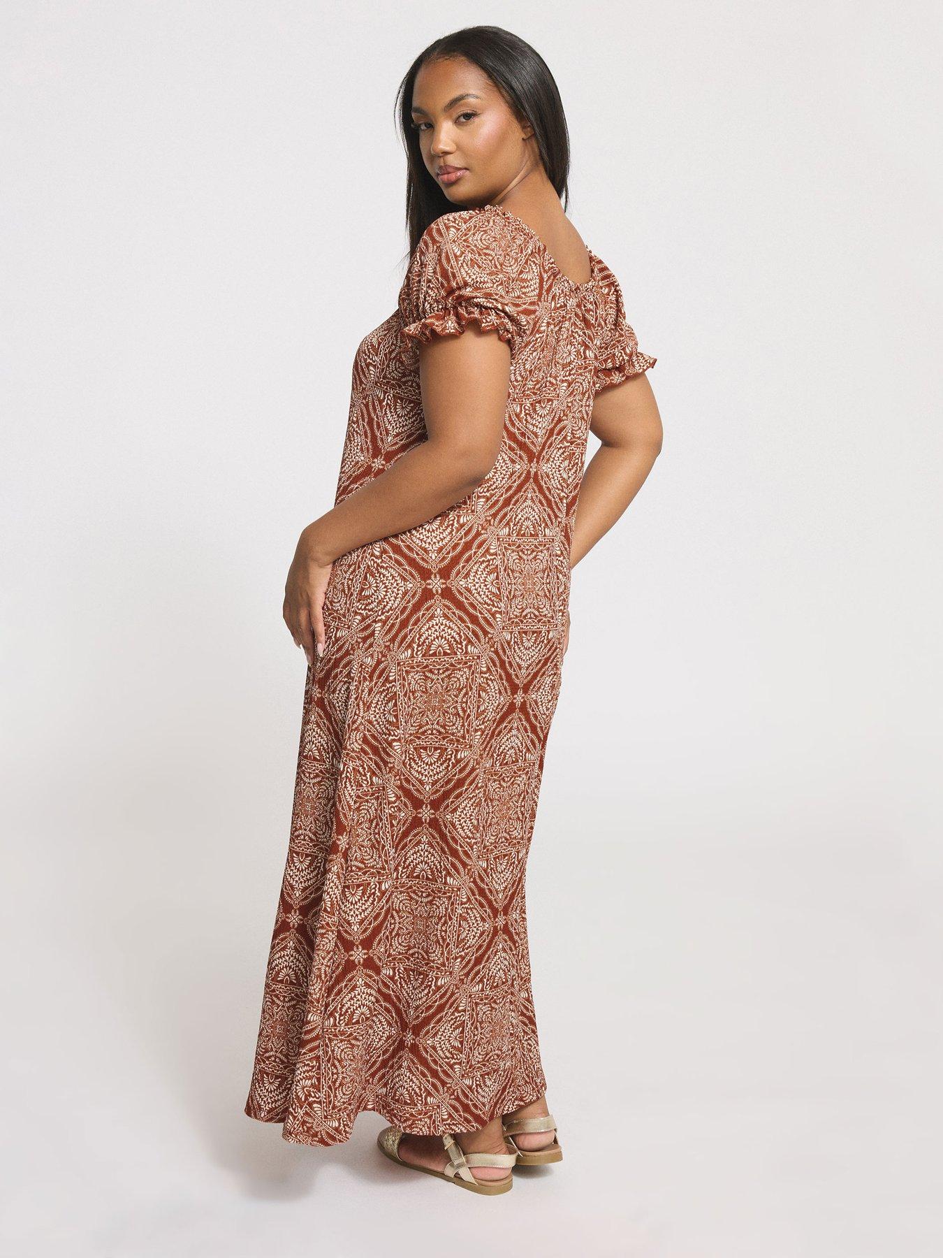 yours-curve-textured-milkmaid-dress-brownstillFront
