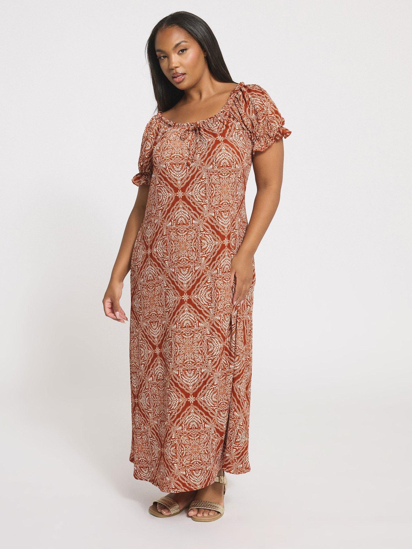 yours-curve-textured-milkmaid-dress-brownback