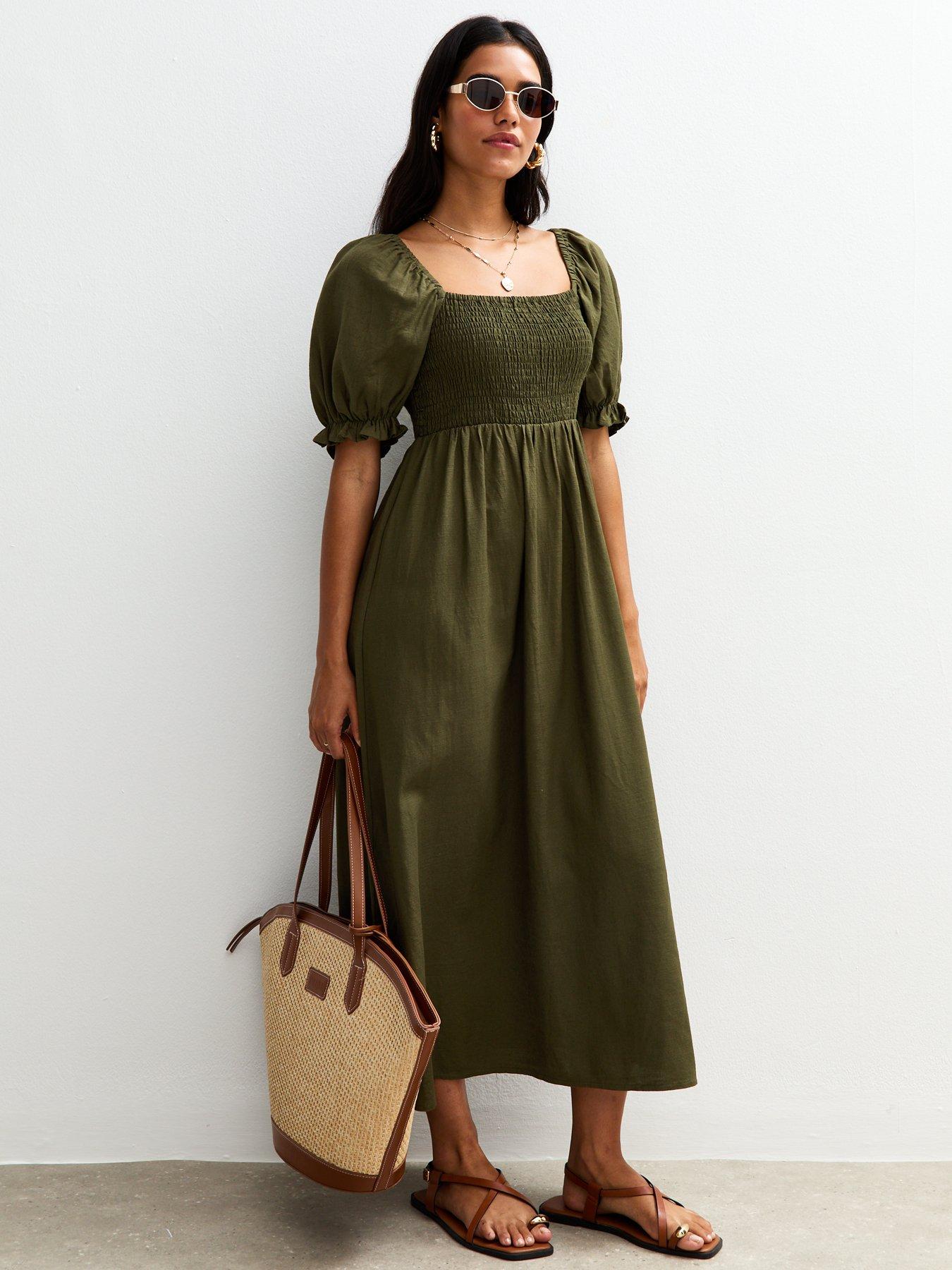 New Look Puff Sleeve Midi Dress - Green