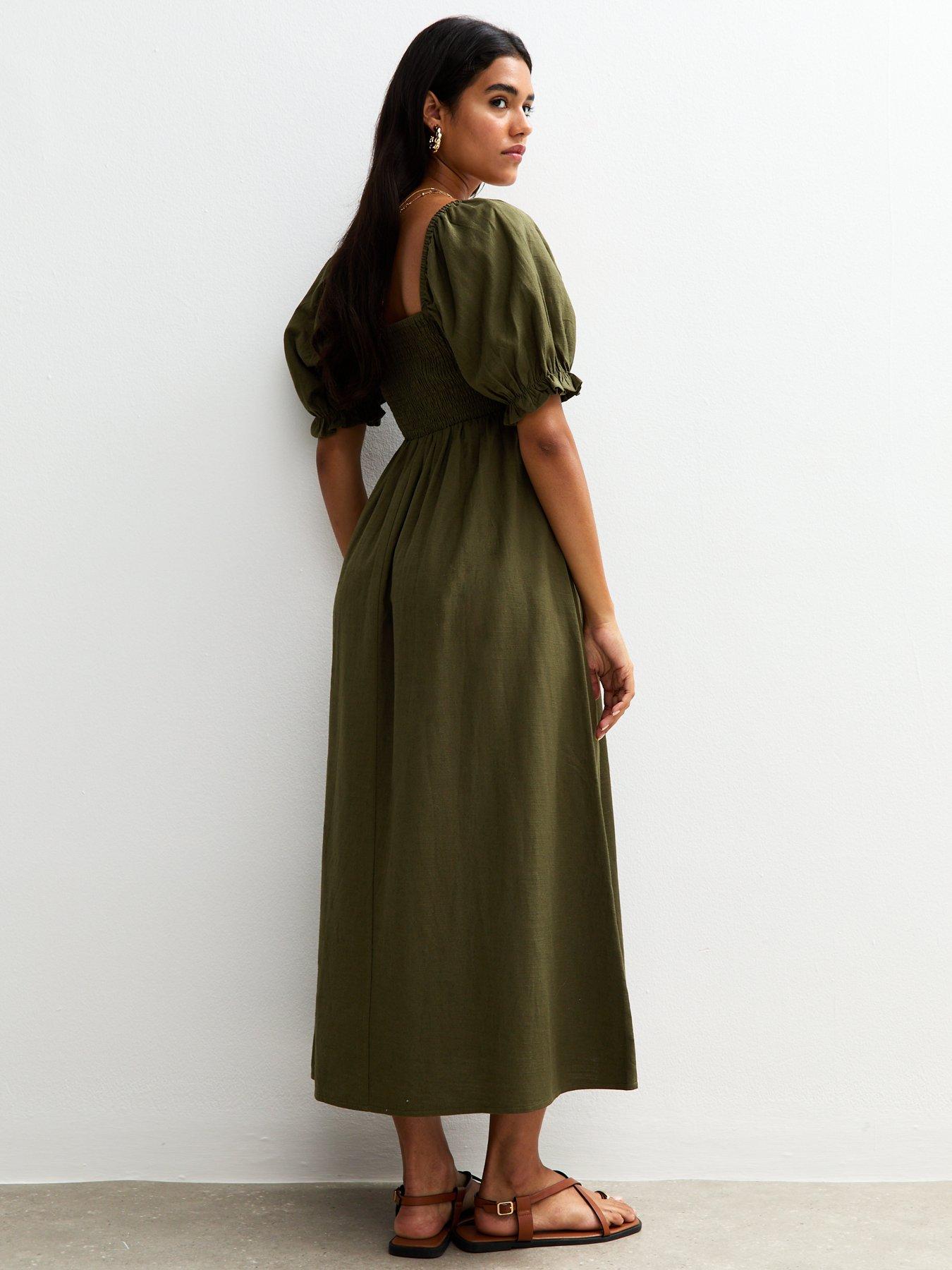 new-look-puff-sleeve-midi-dress-greenstillFront
