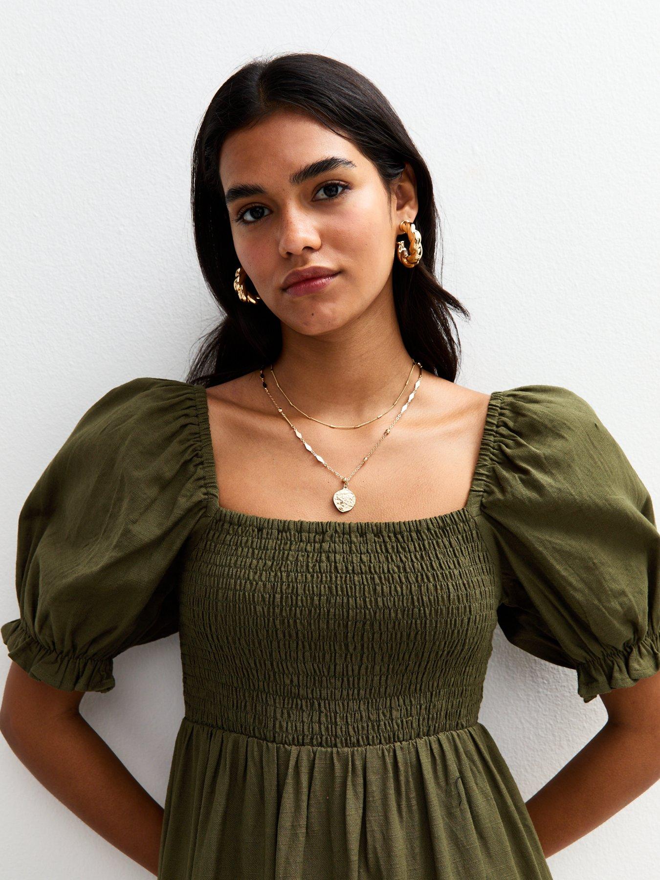 new-look-puff-sleeve-midi-dress-greenoutfit