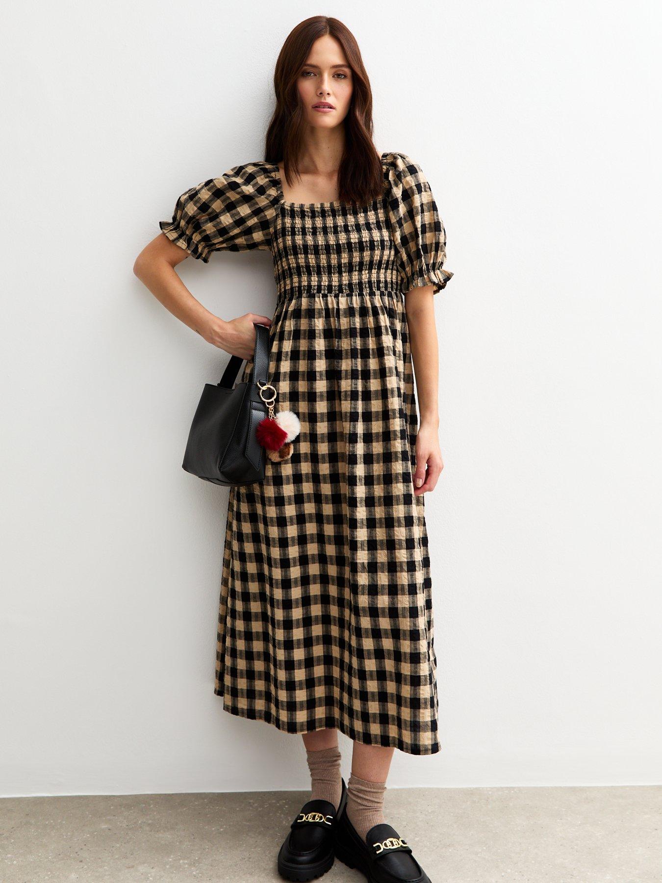 New Look Checked Puff Sleeve Seersucker Midi Dress - Brown | Very Ireland